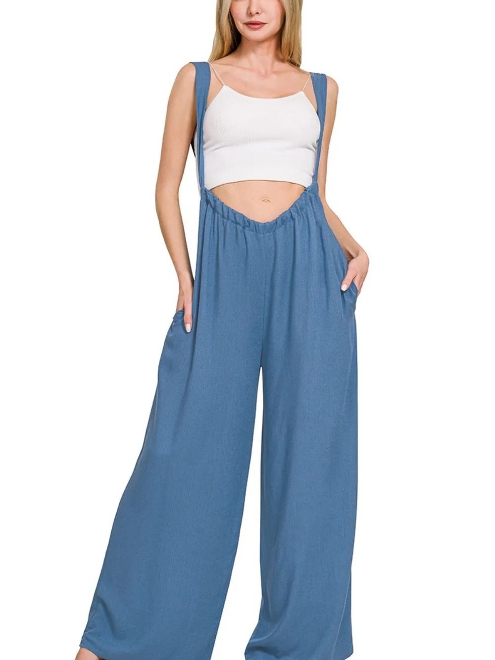 Zenana Outfitters Dusty Blue Wide-Leg Jumpsuit with Suspenders